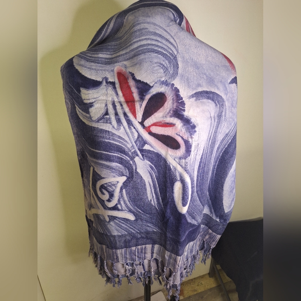 Abstract Wave Pattern Shawl Or Scarf  in Lavender, Navy & Coral 65" X 42" - Picture 4 of 4